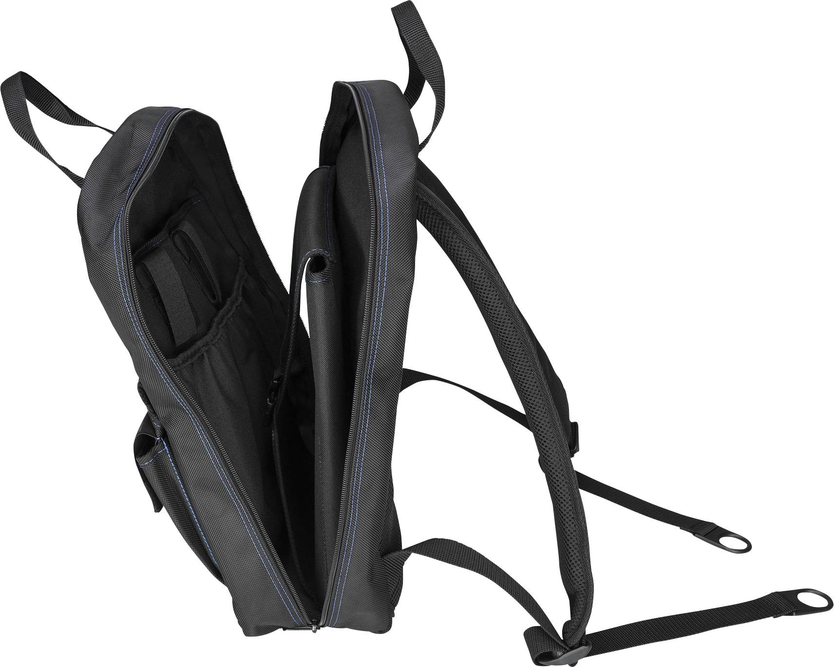 Schwarzer, geöffneter Rucksack mit blauen Nähten und zwei abgedeckten Fächern, anschaulich von der Seite dargestellt.
