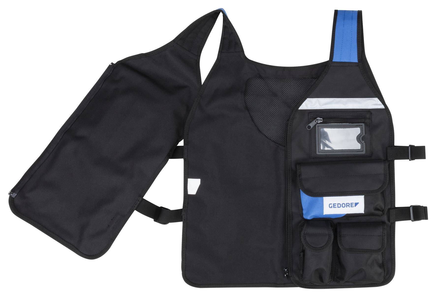 Schwarze Werkzeugweste mit mehreren Taschen und einem blauen Schulterbereich, geeignet zur Aufbewahrung von Werkzeugen und Zubehör.