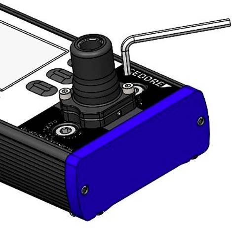Elektronisches Gerät mit einem blauen Gehäuseabschluss, mehreren Tasten, einer runden Linse und einem herausstehenden L-förmigen Element oben.