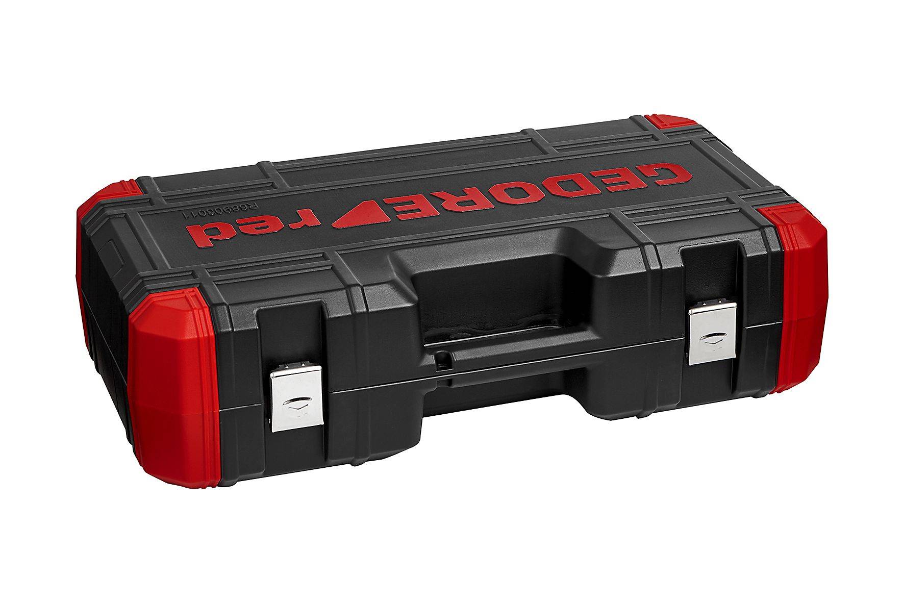 Ein schwarzer Werkzeugkoffer mit roten Ecken und dem Logo 'GEDORE red' auf dem Deckel; ausgestattet mit Metallverschlüssen.
