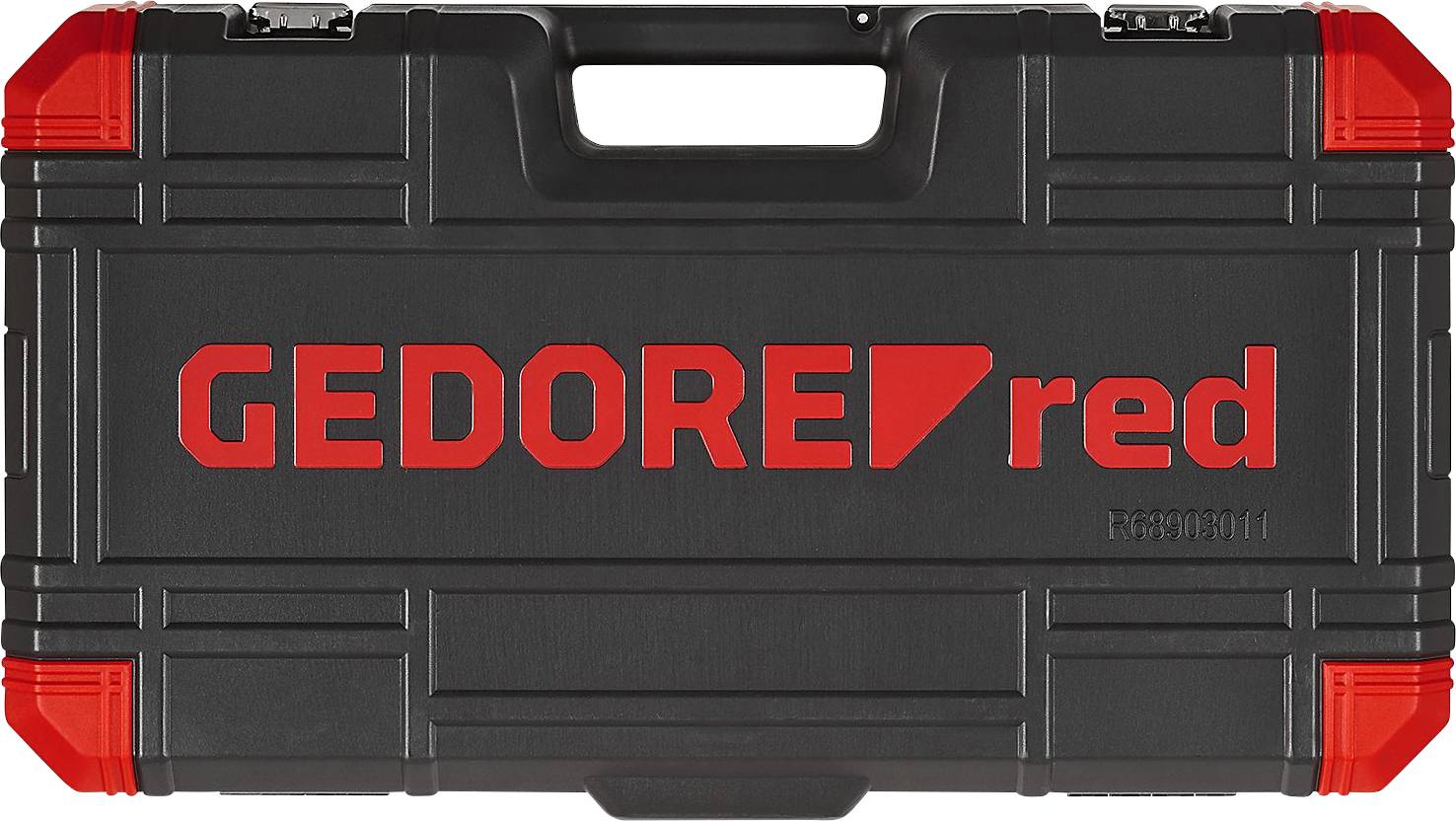 Schwarzer Werkzeugkoffer mit rotem Aufdruck 'GEDORE red'. Rechteckige Form mit Griff oben, rote Ecken hervorgehoben.