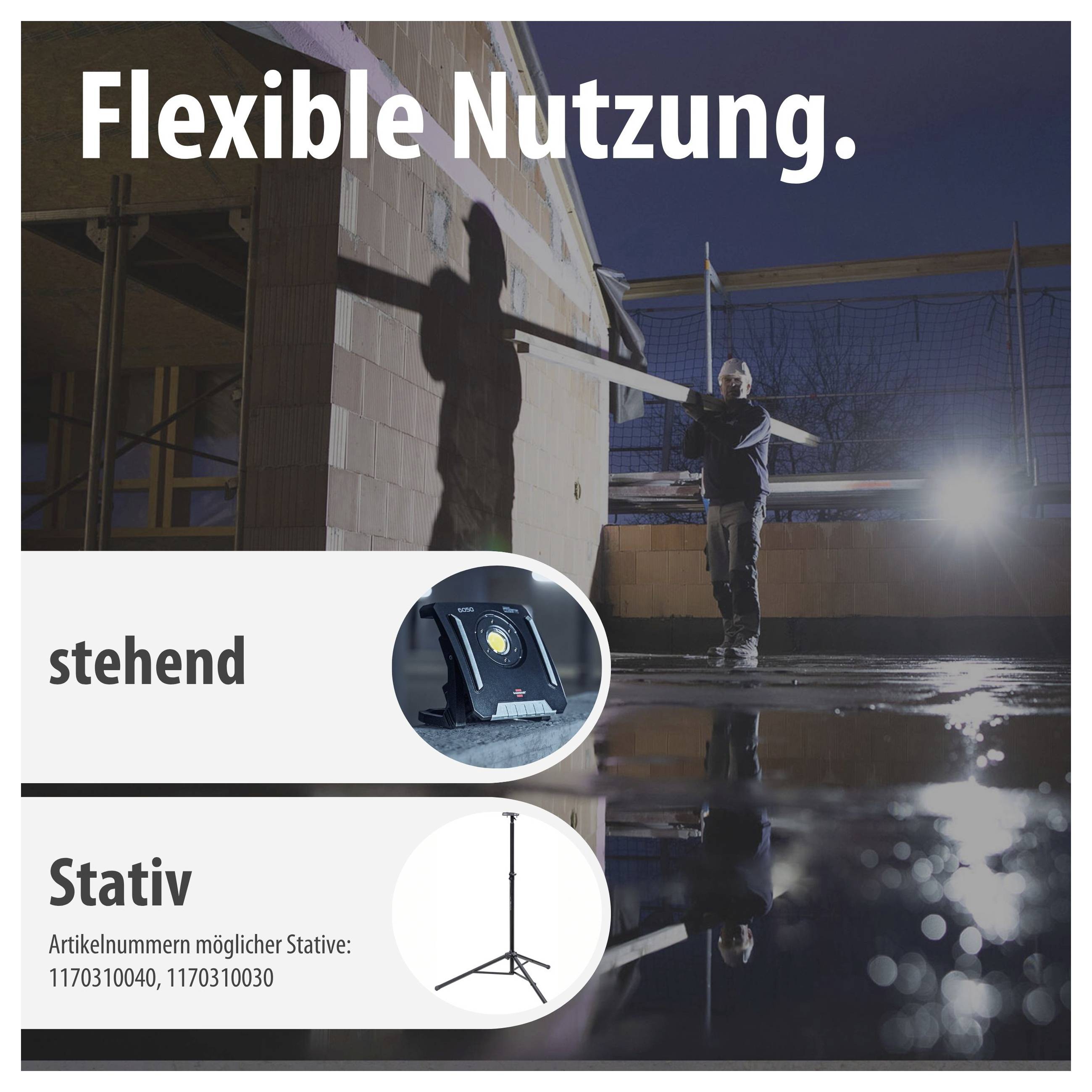 Werbebild zur 'Flexiblen Nutzung' eines Baustrahler-Produkts: stehend und auf Stativ verwendbar, mit Produktfotos und Artikelnummern.