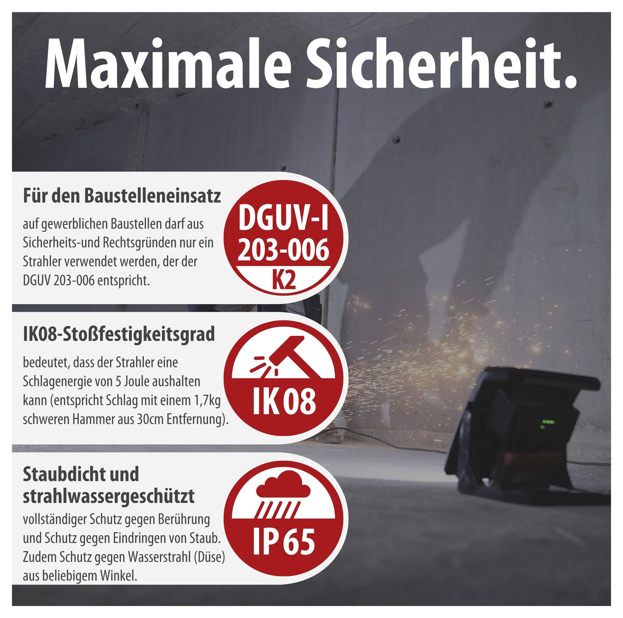 Werbeplakat mit der Überschrift 'Maximale Sicherheit.' und drei Sicherheitsmerkmalen für einen Baustrahler: DGUV-I 203-006 K2, IK08 und IP65.