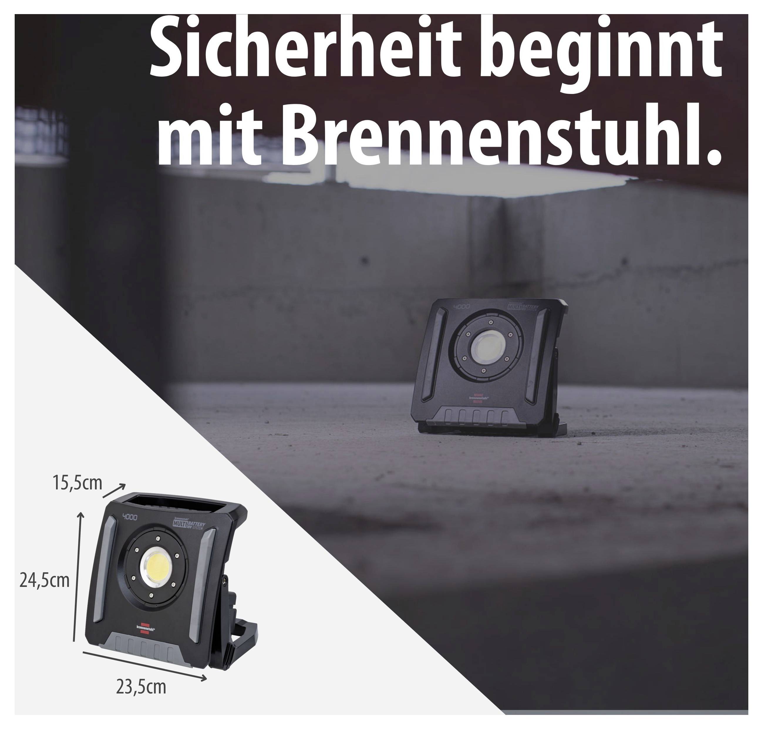 Werbeimage für einen Brennenstuhl Baustrahler; oben steht 'Sicherheit beginnt mit Brennenstuhl.', unten links das Produkt mit Maßen 24,5 cm, 23,5 cm und 15,5 cm.