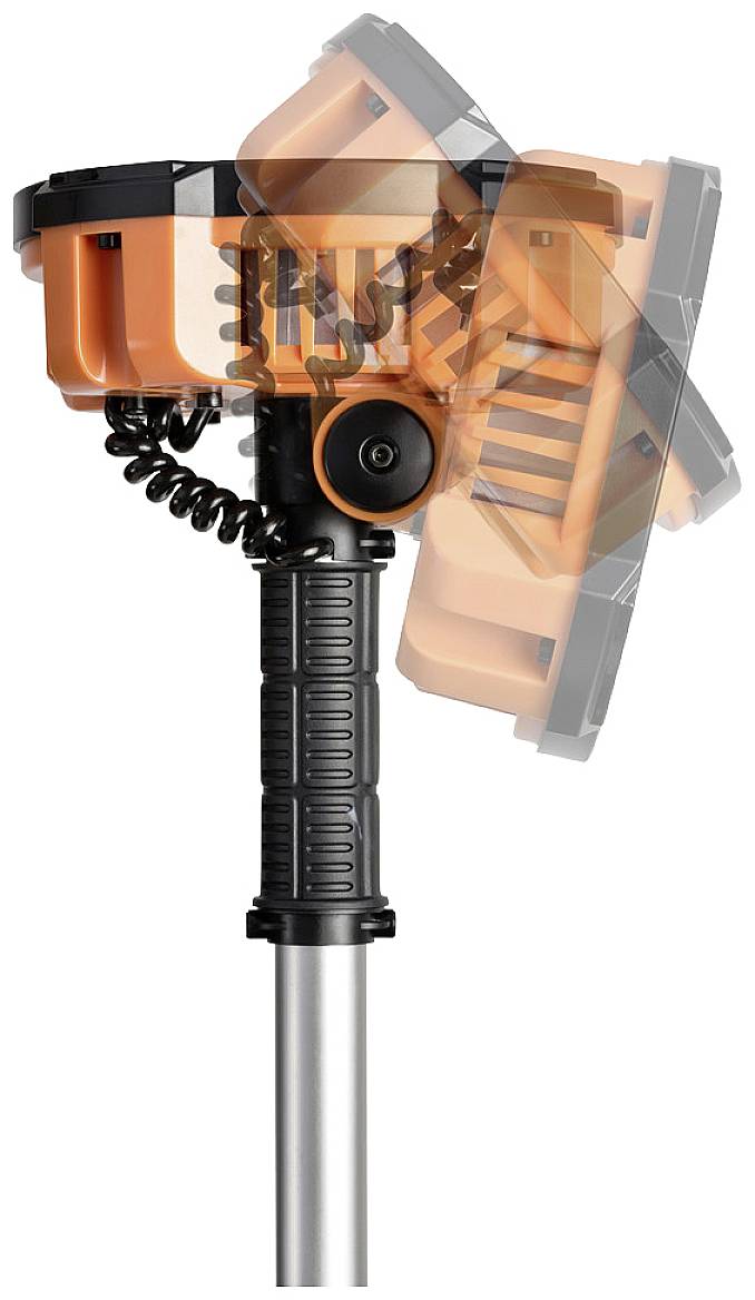 Ein orangefarbener werkzeugartiger Gegenstand mit verstellbarem Kopf und Spiralkabel an einem silbernen Griff.