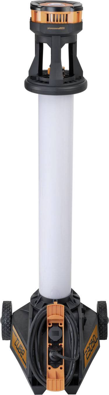 Ein tragbares, zylindrisches LED-Baustellenlicht mit stabilem schwarzen Sockel und ausziehbarem weißen Leuchtkörper. Geeignet für den Einsatz auf Baustellen.