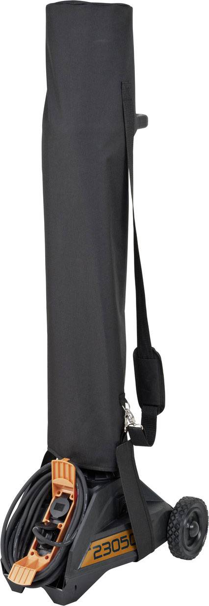 Ein Elektrowerkzeug mit Griff und Rädern, zusammengeklappt und mit Kabelhalterung. Geeignet für einfachen Transport und Lagerung.