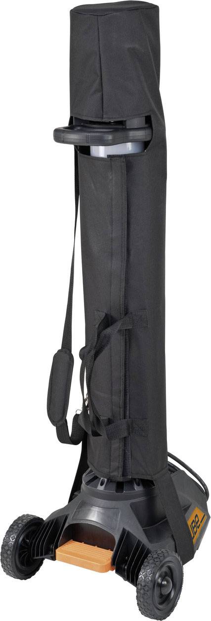 Kofferwagen mit schwarzen Reifen und aufrechter Abdeckung; geeignet zum Transport von Ausrüstung, tragbar, mit Griff und Schulterriemen.