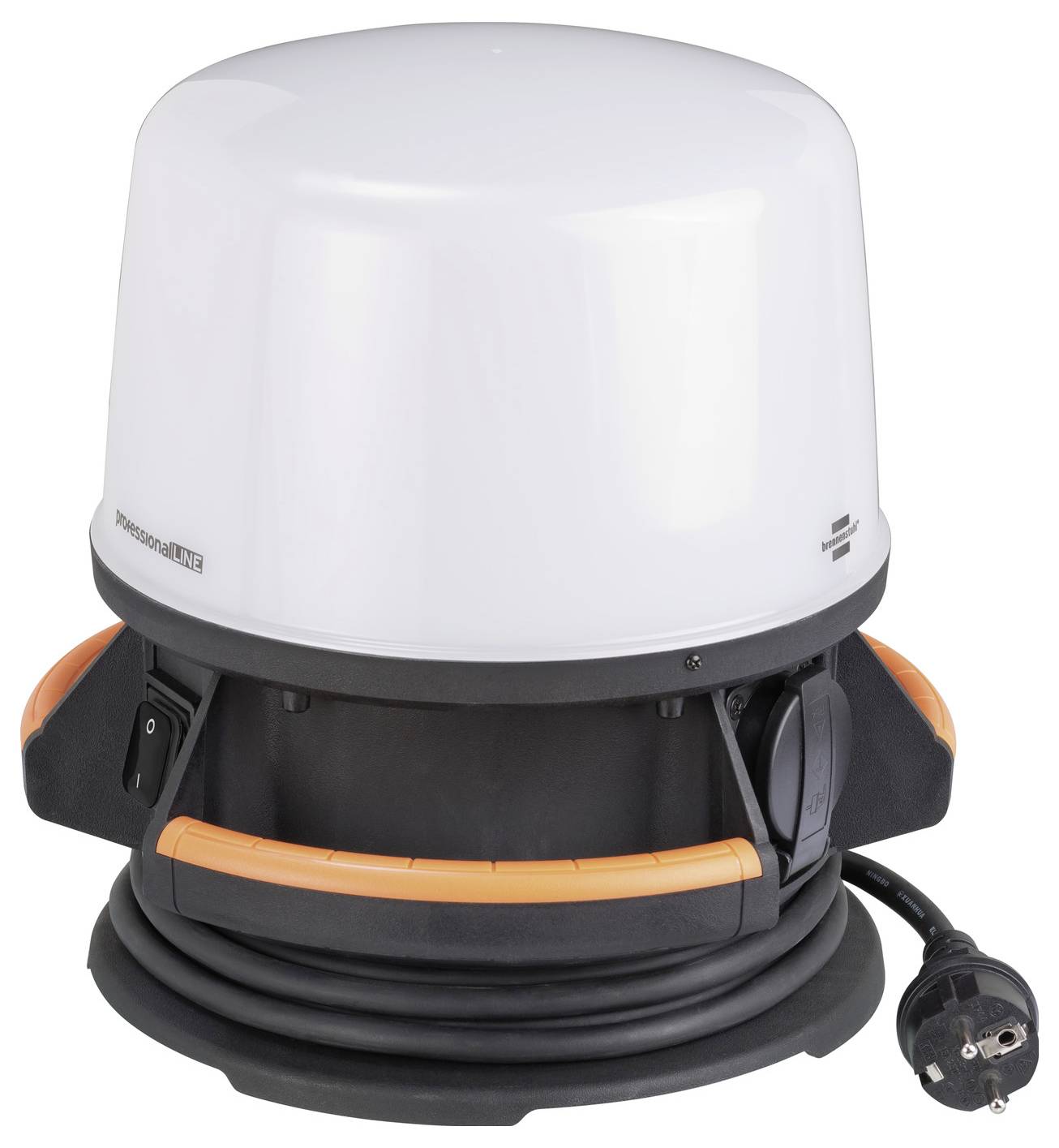 Eine weiße kuppelförmige Marineantenne mit schwarzer Basis, orangen Akzenten, aufgerolltem Kabel und angebrachtem Stromstecker auf weißem Hintergrund.