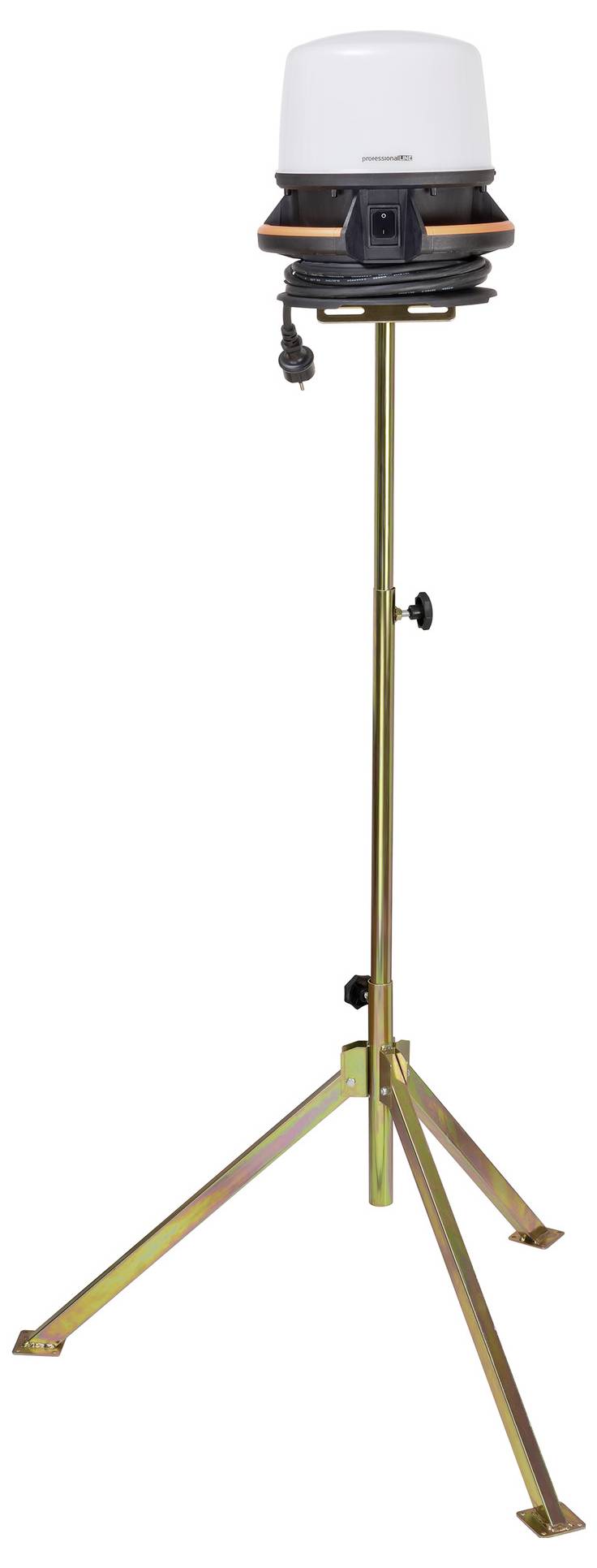 Vermessungsinstrument auf einem Dreibeinstativ montiert, wahrscheinlich ein Laser oder Scanner, isoliert auf weißem Hintergrund dargestellt.