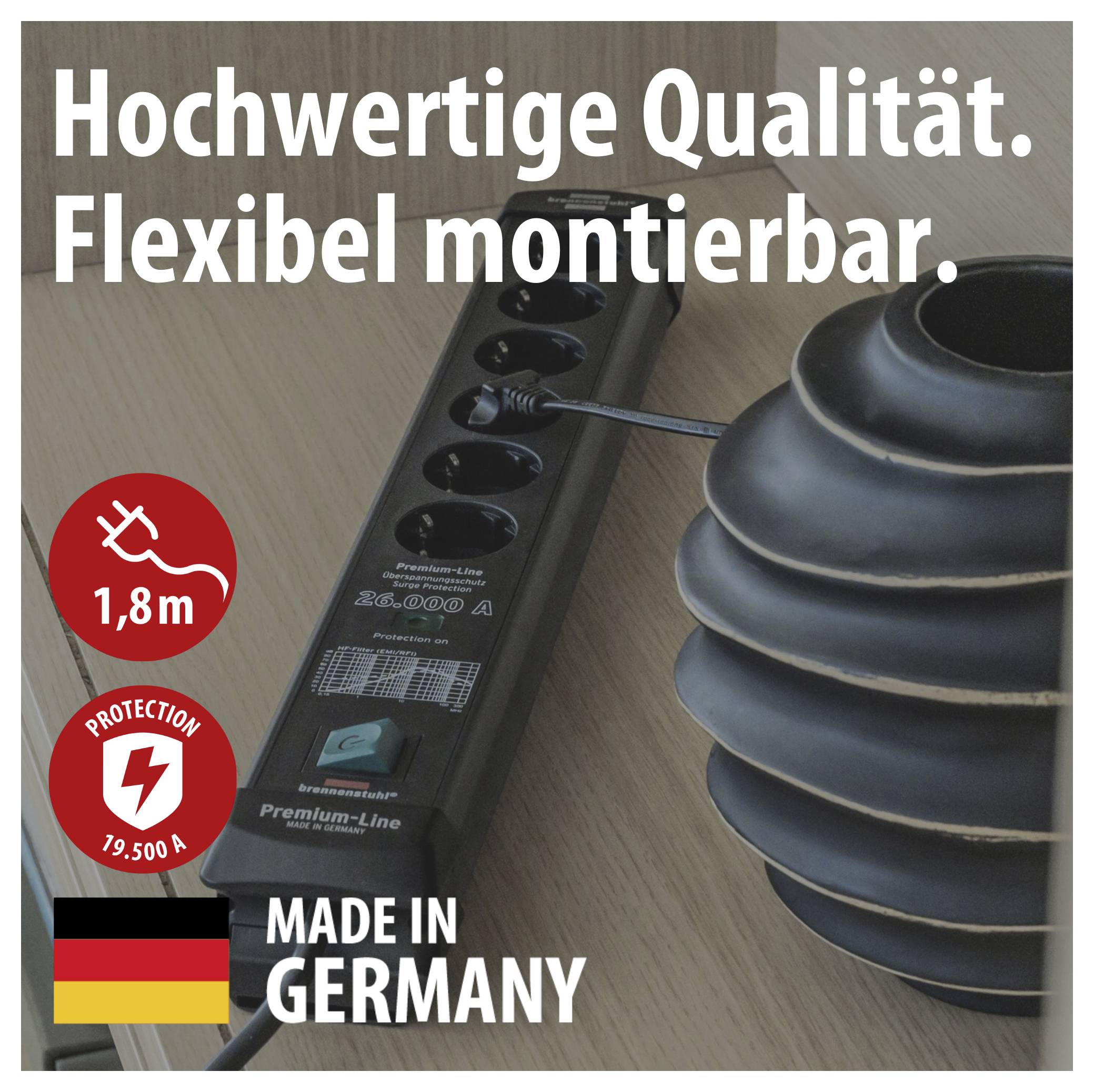 Werbung für eine flexible deutsche Steckdosenleiste mit 1,8 m Kabel und 19.500 A Überspannungsschutz; Text: 'Hochwertige Qualität. Flexibel montierbar. Made in Germany.'