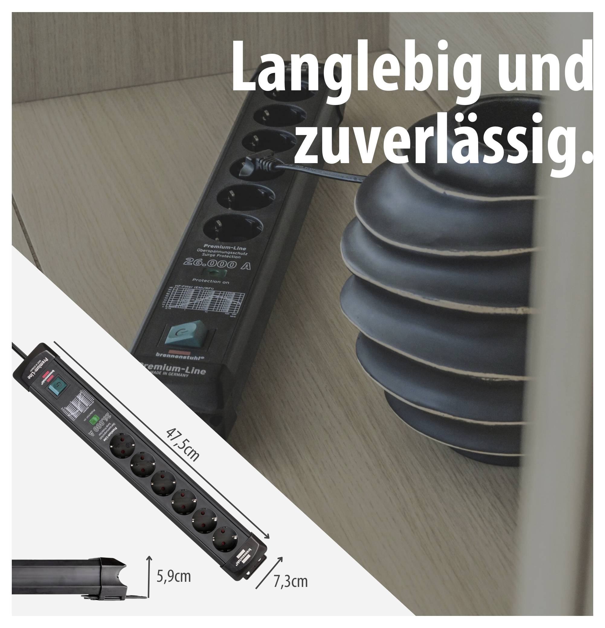 Mehrfachsteckdose mit 6 Steckplätzen und Kabellänge 4,75 m; daneben Maßangaben 5,9 cm und 7,3 cm sowie Slogan 'Langlebig und zuverlässig.'