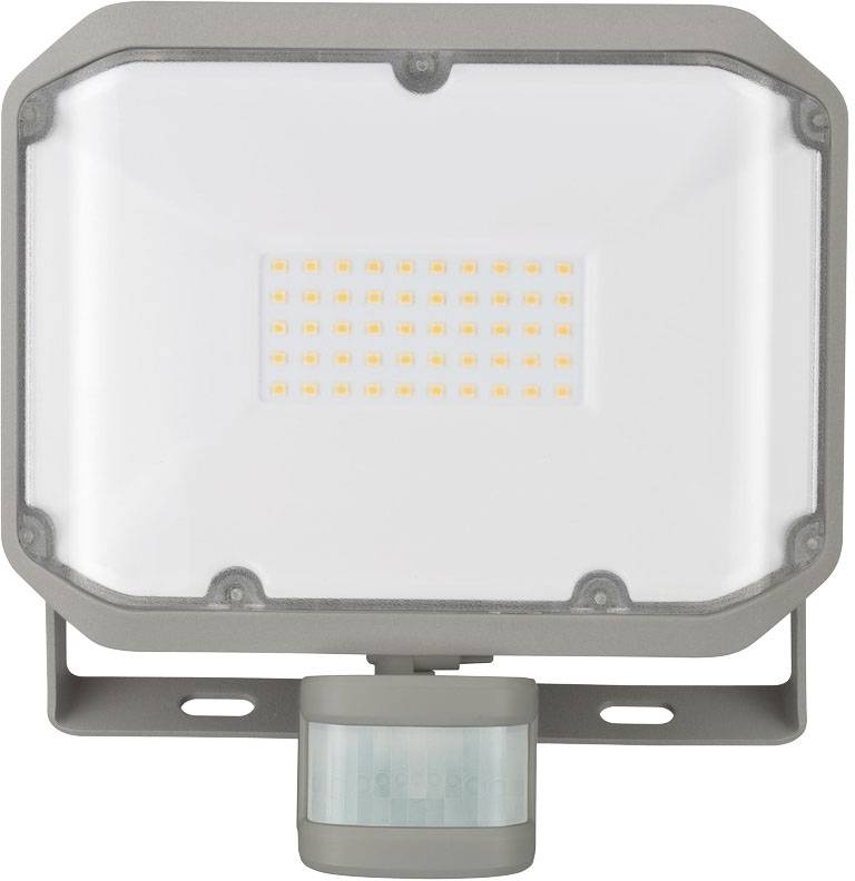 LED-Flutlicht mit Bewegungssensor, rechteckig, graues Gehäuse, ideal für Außenbeleuchtung bei Nacht.