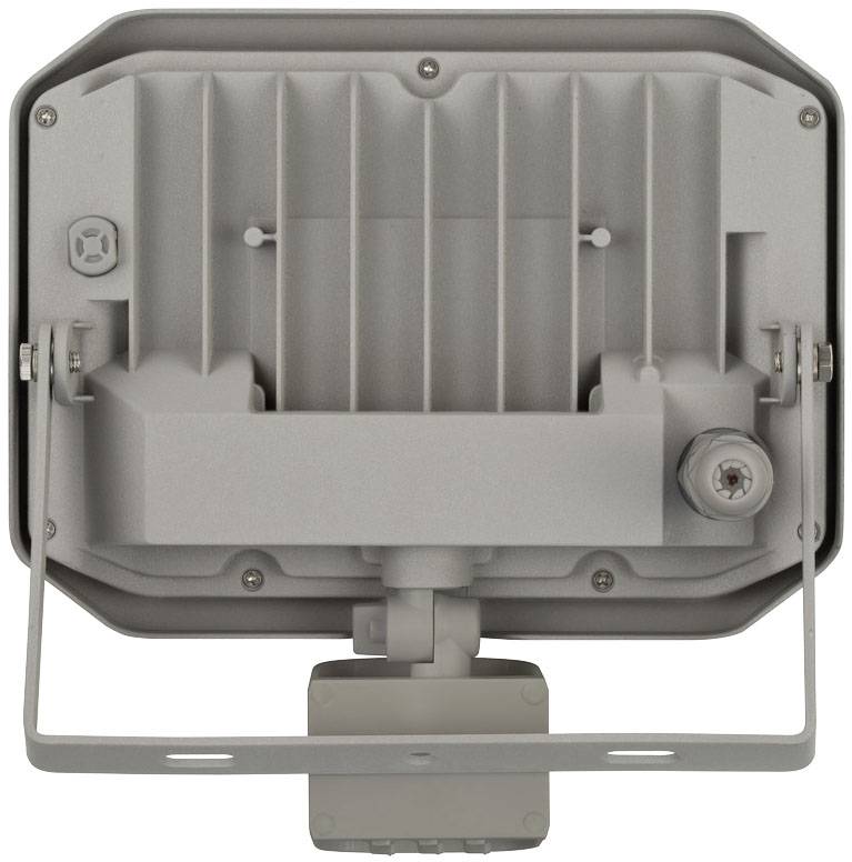Rückansicht eines rechteckigen, grauen LED-Flutlichts mit Kühlrippen und Montagehalterung.