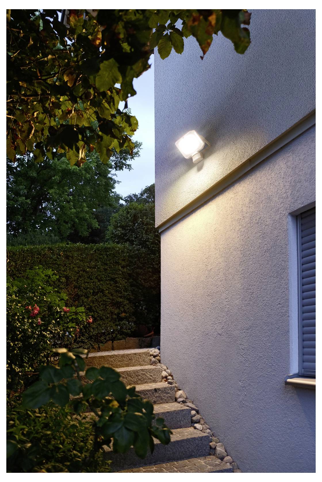 Außensteinstufen neben einer Hauswand, die bei Einbruch der Dunkelheit von einer Außenleuchte beleuchtet werden, mit Bäumen und Gartenlaubwerk entlang des Weges.
