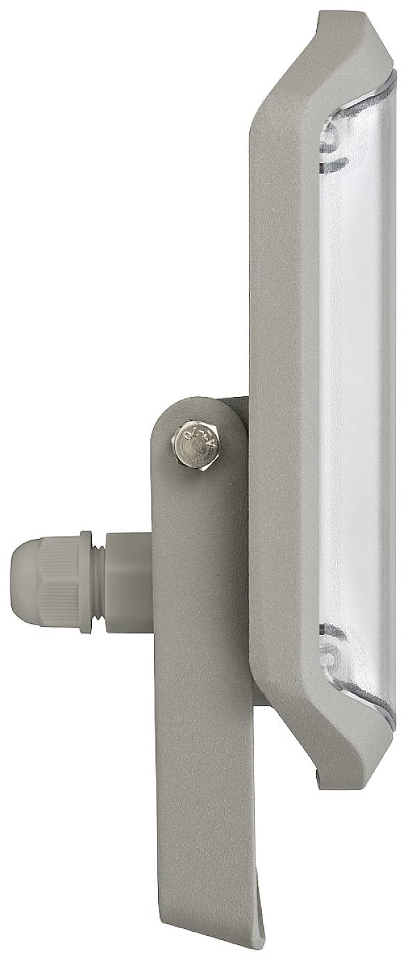 Metallischer Scheinwerfer in seitlicher Ansicht mit rechteckiger Form und Montageschraube.