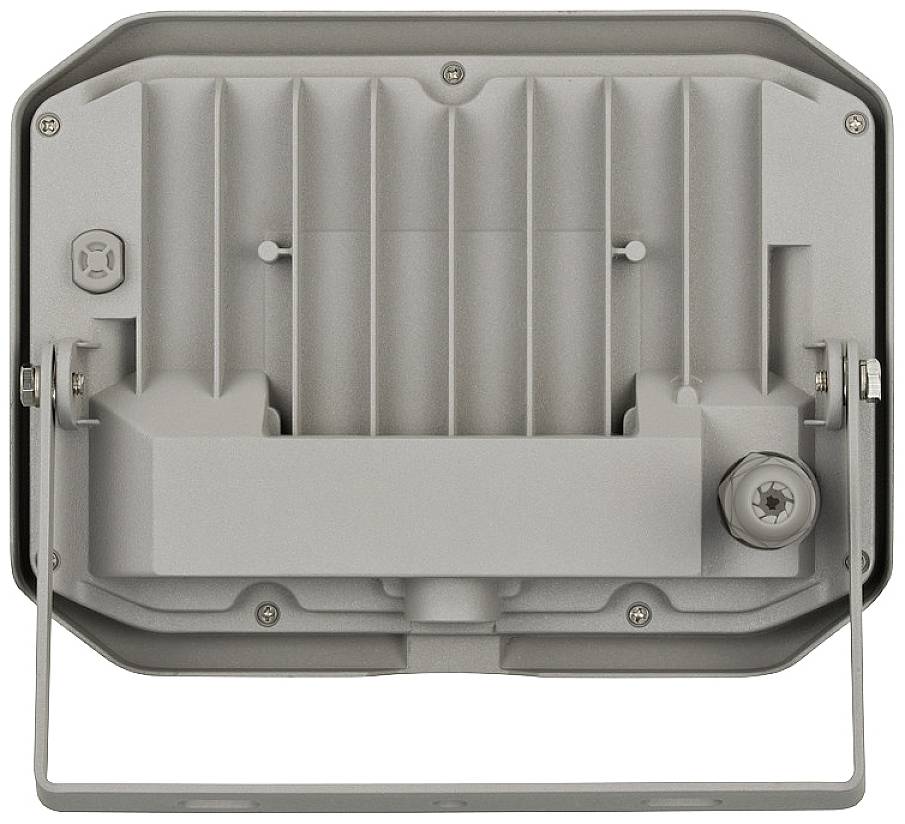 Eine Rückansicht eines rechteckigen, grauen LED-Strahlers mit Kühlrippen und Montagehalterung. Das Design ist industriell.