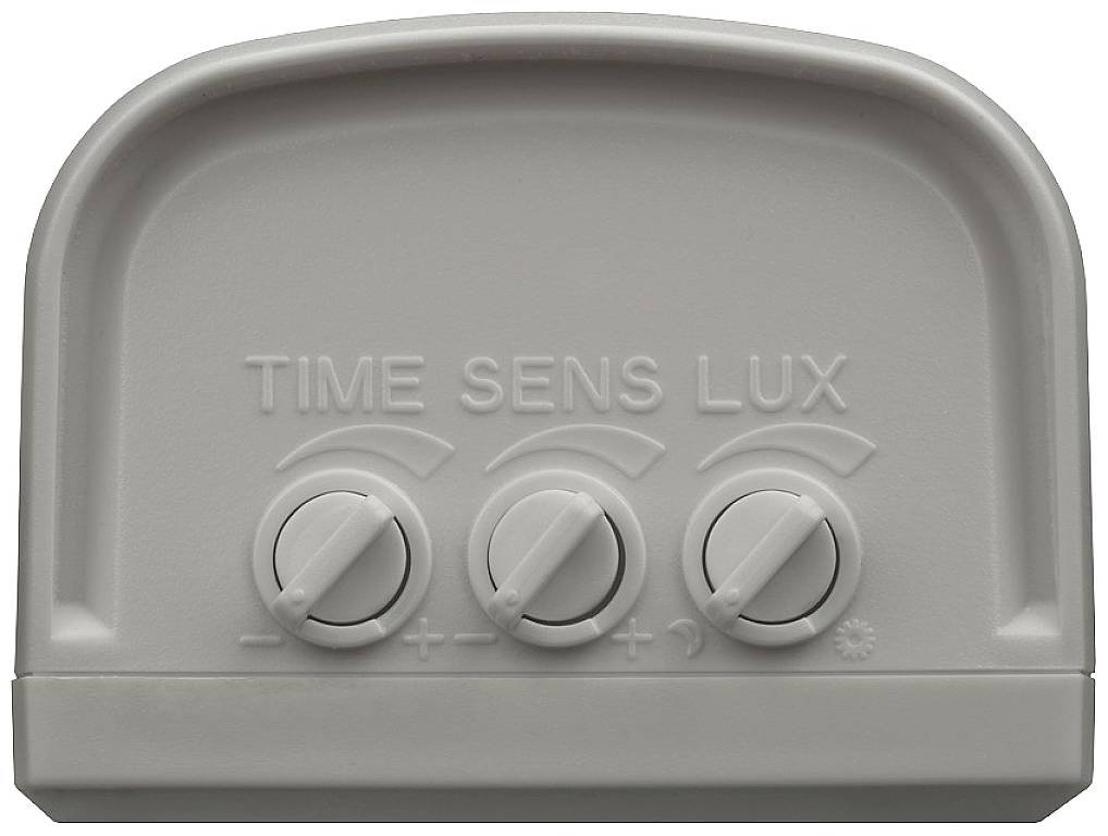Ein graues Bedienfeld mit drei Drehreglern, beschriftet mit 'TIME', 'SENS' und 'LUX', um Einstellungen für Zeit, Empfindlichkeit und Helligkeit anzupassen.