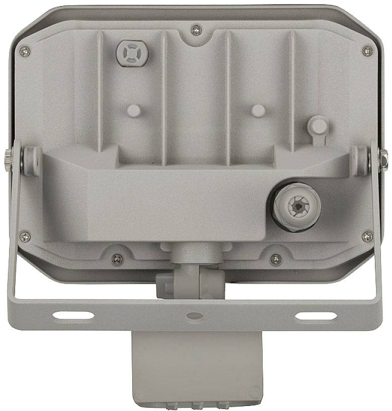 Grauer, rechteckiger LED-Scheinwerfer mit Montagehalterung und sichtbaren Schraubenelementen, Rückansicht.