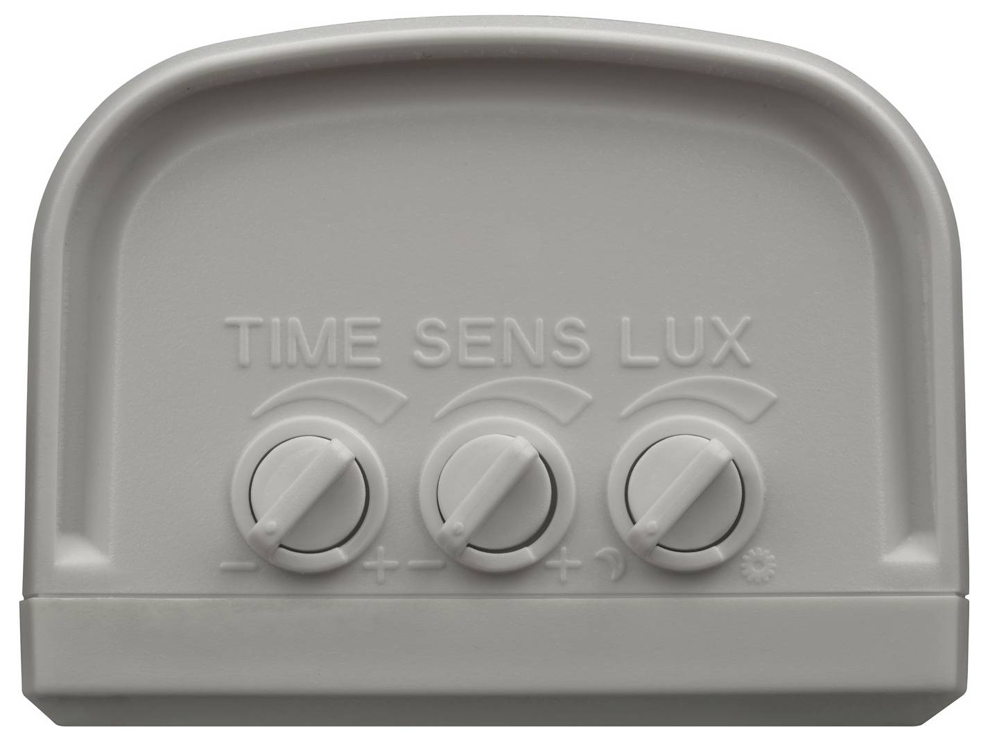 Graues Drei-Knopf-Bedienfeld mit der Bezeichnung „TIME SENS LUX
