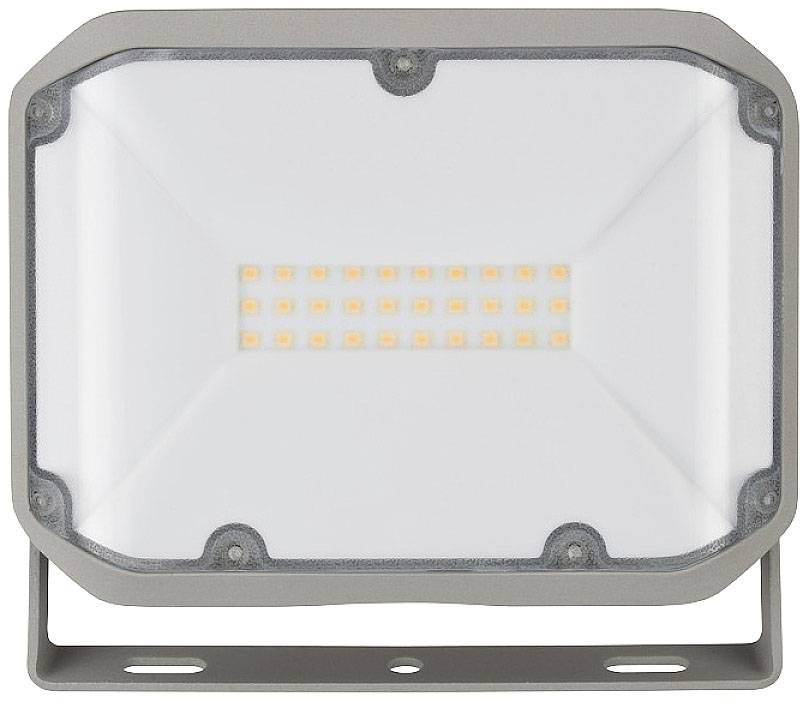 Eine rechteckige LED-Flutlichtlampe; silberner Rahmen mit mehreren leuchtenden Dioden in einem Rastermuster.