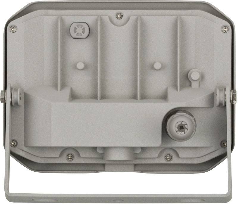 Rückansicht eines rechteckigen, grauen Gehäuses mit Scharniere an den Seiten und mehreren Befestigungspunkten; technische Ausrüstung.