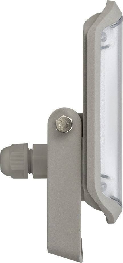 Ein rechteckiger, seitlich abgebildeter LED-Strahler mit Befestigungsschelle und Kabelanschluss, zur Außenmontage geeignet.