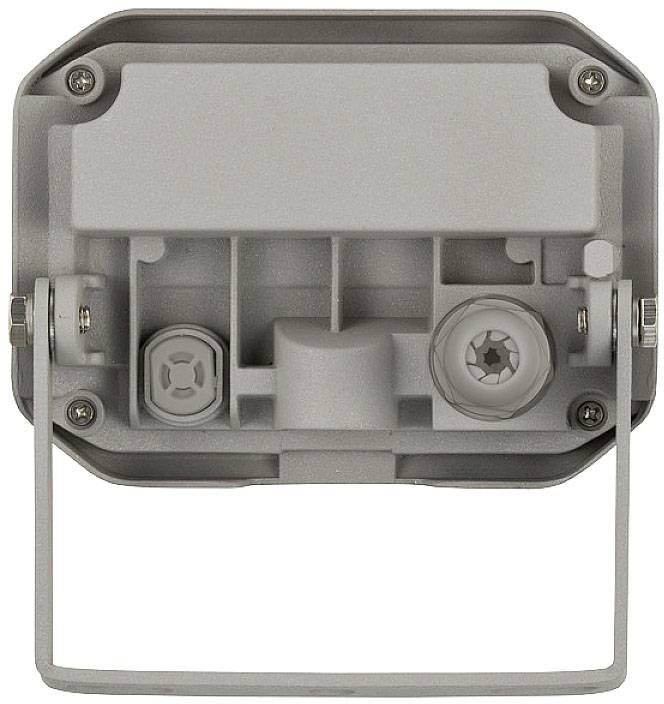 Grauer, rechteckiger LED-Strahler von oben gesehen, Gehäuse mit Montagehalterung und Schrauben, keine sichtbare Beleuchtung.