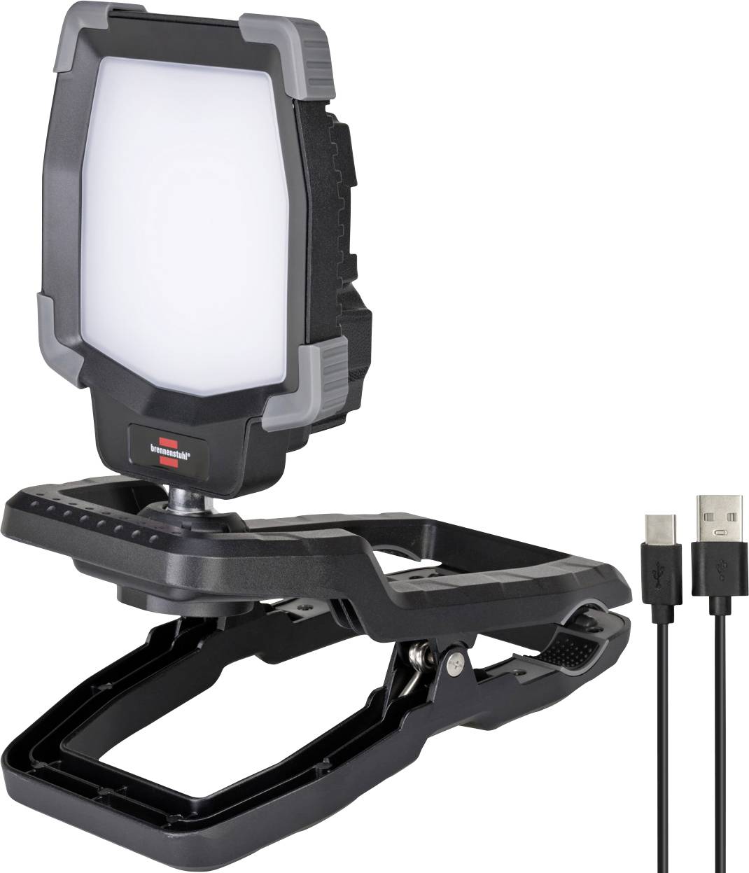 Schwarzes LED-Arbeitslicht mit Clip zum Anklipsen, verstellbarem Ständer und angebrachtem USB-Ladekabel auf weißem Hintergrund.