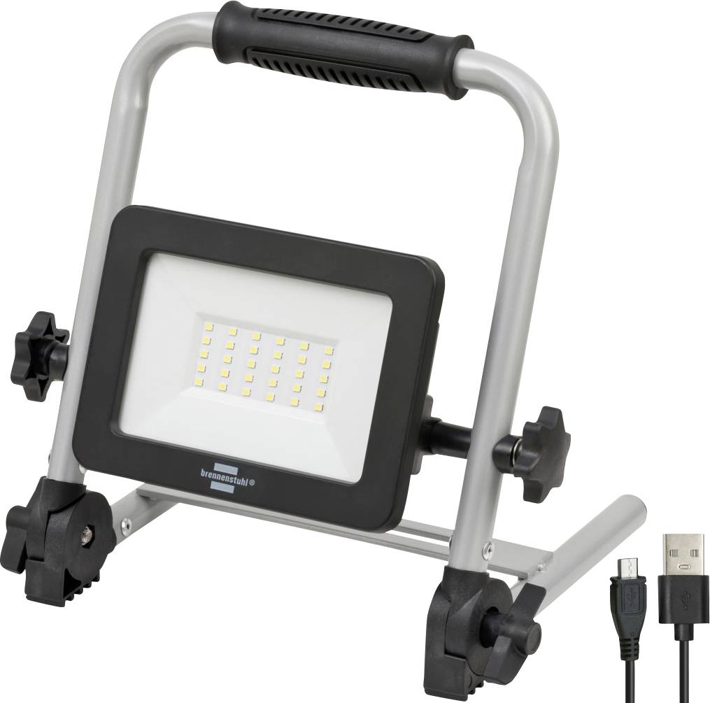 Tragbare LED-Arbeitsleuchte auf einem Metallständer mit verstellbaren Griffen und USB-Stromkabel, dargestellt vor weißem Hintergrund.