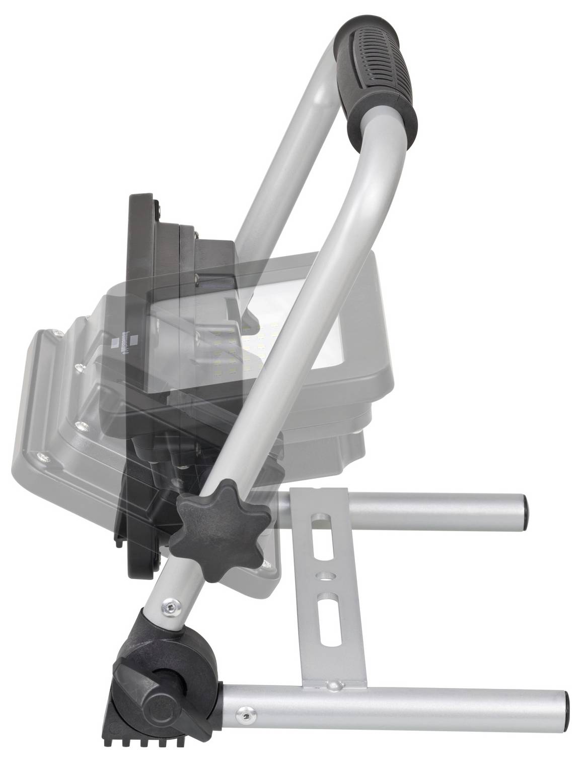 Seitenansicht-Illustration einer Fitnessmaschine zum Zusammenfalten mit gepolstertem Sitz, Griffen und hinterem Stabilisator, teilweise in transparenter Überlagerung dargestellt, um seinen Faltmechanismus anzudeuten.