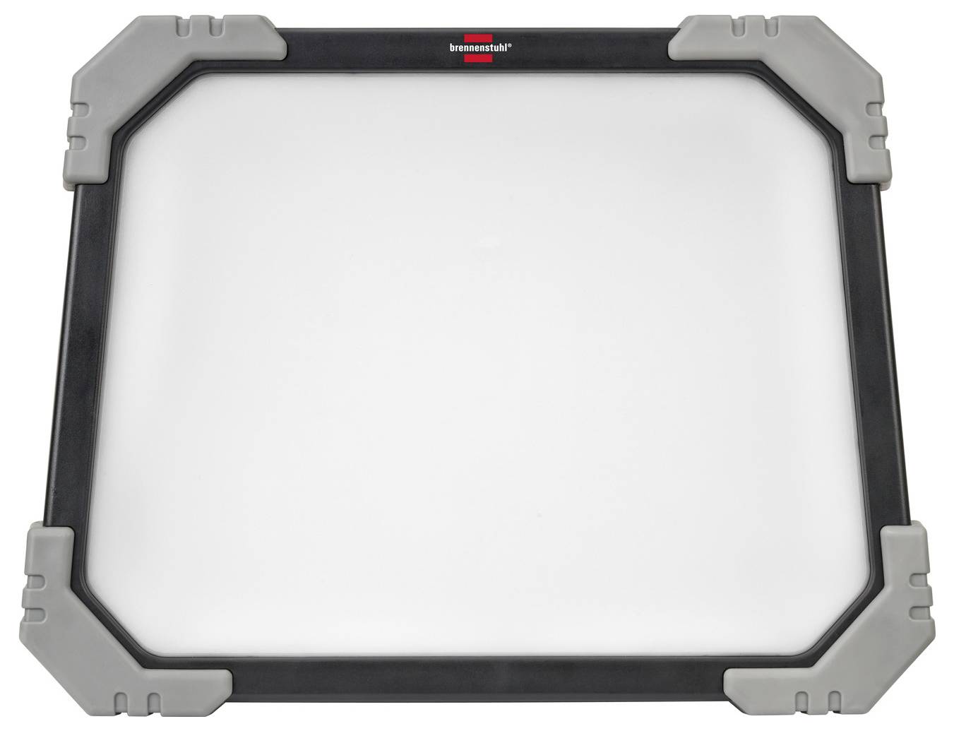 Rechteckiges tragbares Lichtpanel mit schwarzem Rahmen und grauen Eckenschutzen, in Vorderansicht vor weißem Hintergrund dargestellt.