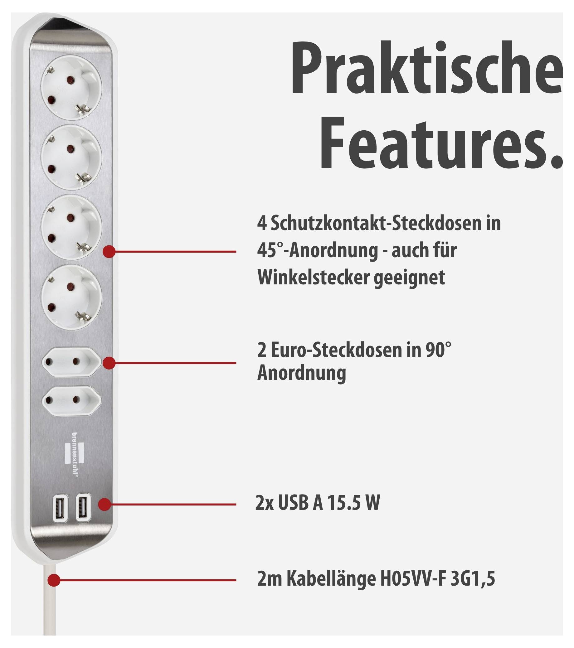 Produktabbildung einer Steckdosenleiste mit 'Praktische Features': 4 Schutzkontakt-Steckdosen, 2 Euro-Steckdosen, 2 USB-A-Anschlüsse, 2 m Kabel.