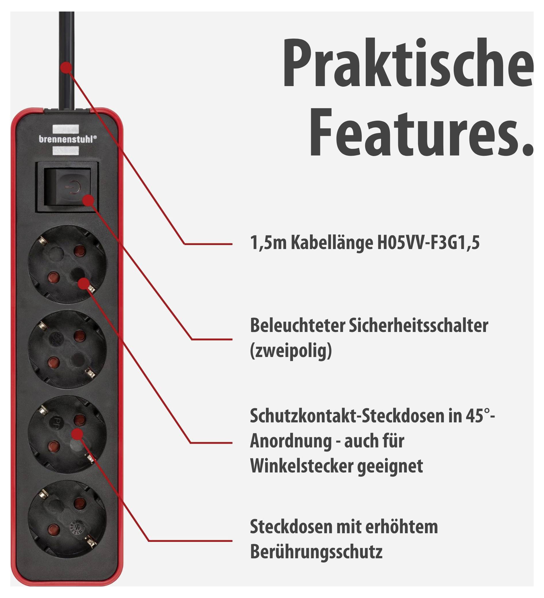 Werbegrafik einer Steckdosenleiste mit Überschrift 'Praktische Features.'; markiert sind 1,5 m Kabel, beleuchteter Sicherheitsschalter und vier Schutzkontakt-Steckdosen.