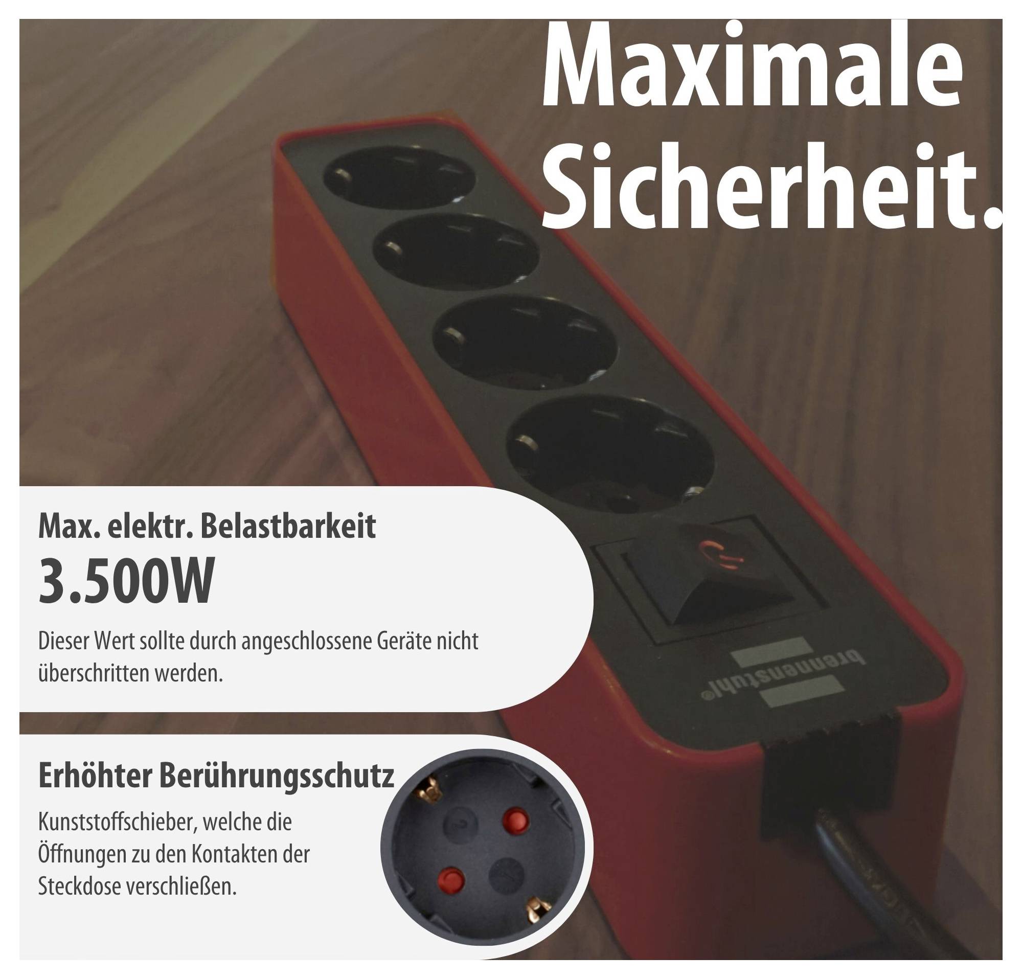 Werbebild einer roten Mehrfachsteckdose mit dem Hinweis 'Maximale Sicherheit'; genannt werden max. elektrische Belastbarkeit 3.500 W und erhöhter Berührungsschutz.