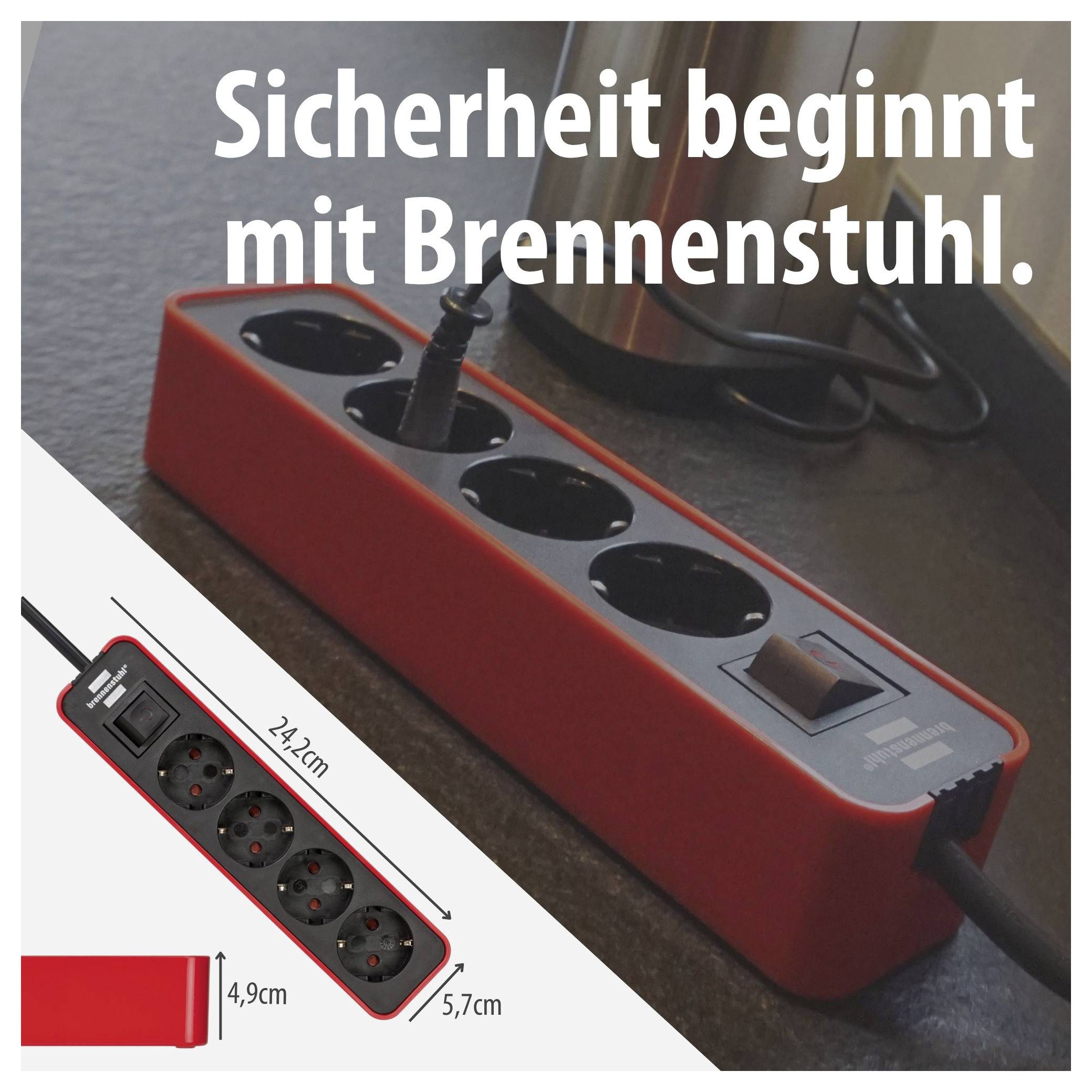 Werbebild einer roten Steckdosenleiste mit vier Anschlüssen und Ein-/Ausschalter; Text: 'Sicherheit beginnt mit Brennenstuhl.' Maßenangaben 24,2 cm, 4,9 cm, 5,7 cm.