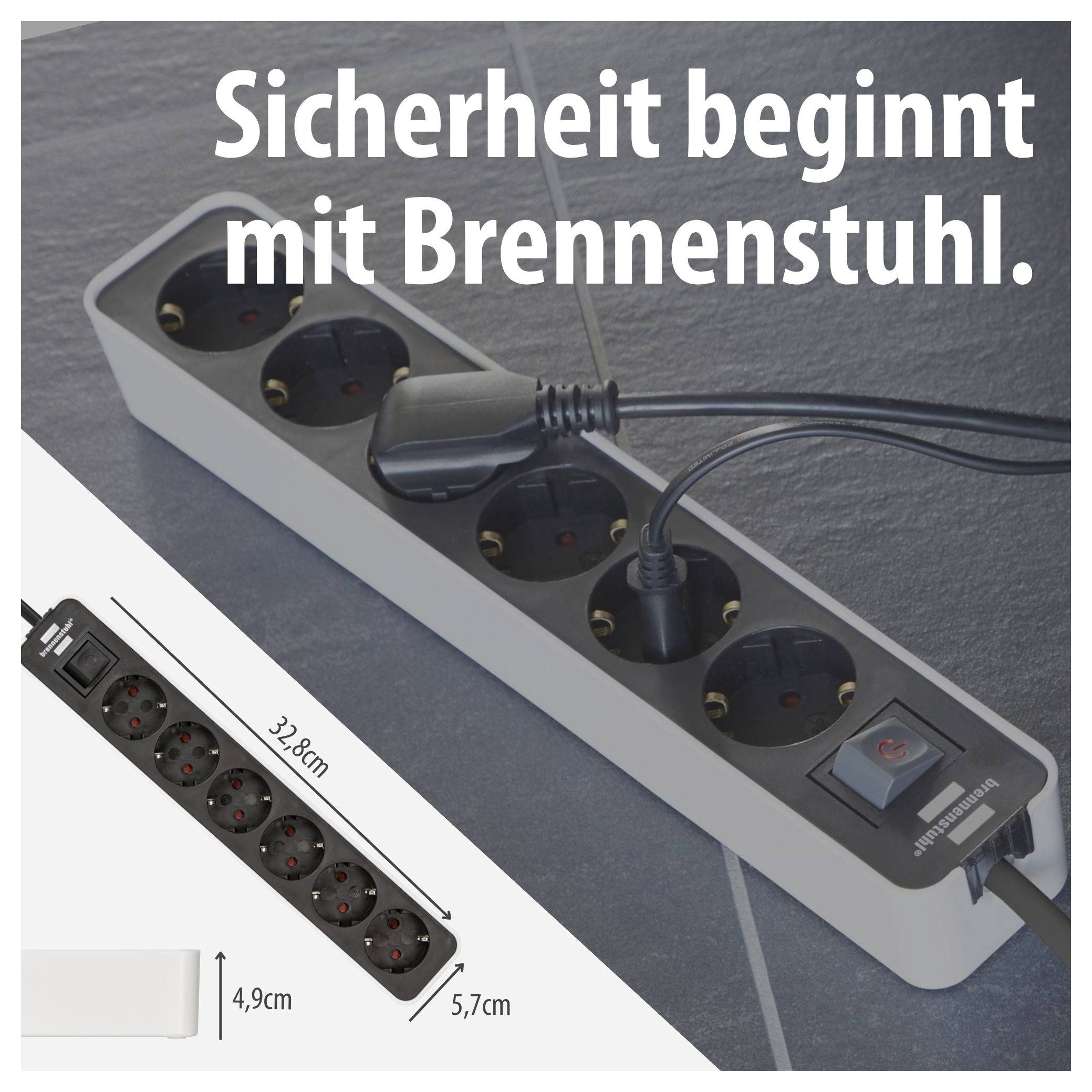 Steckdosenleiste Brennenstuhl mit fünf Steckplätzen und Ein-/Ausschalter; Text: 'Sicherheit beginnt mit Brennenstuhl.'
