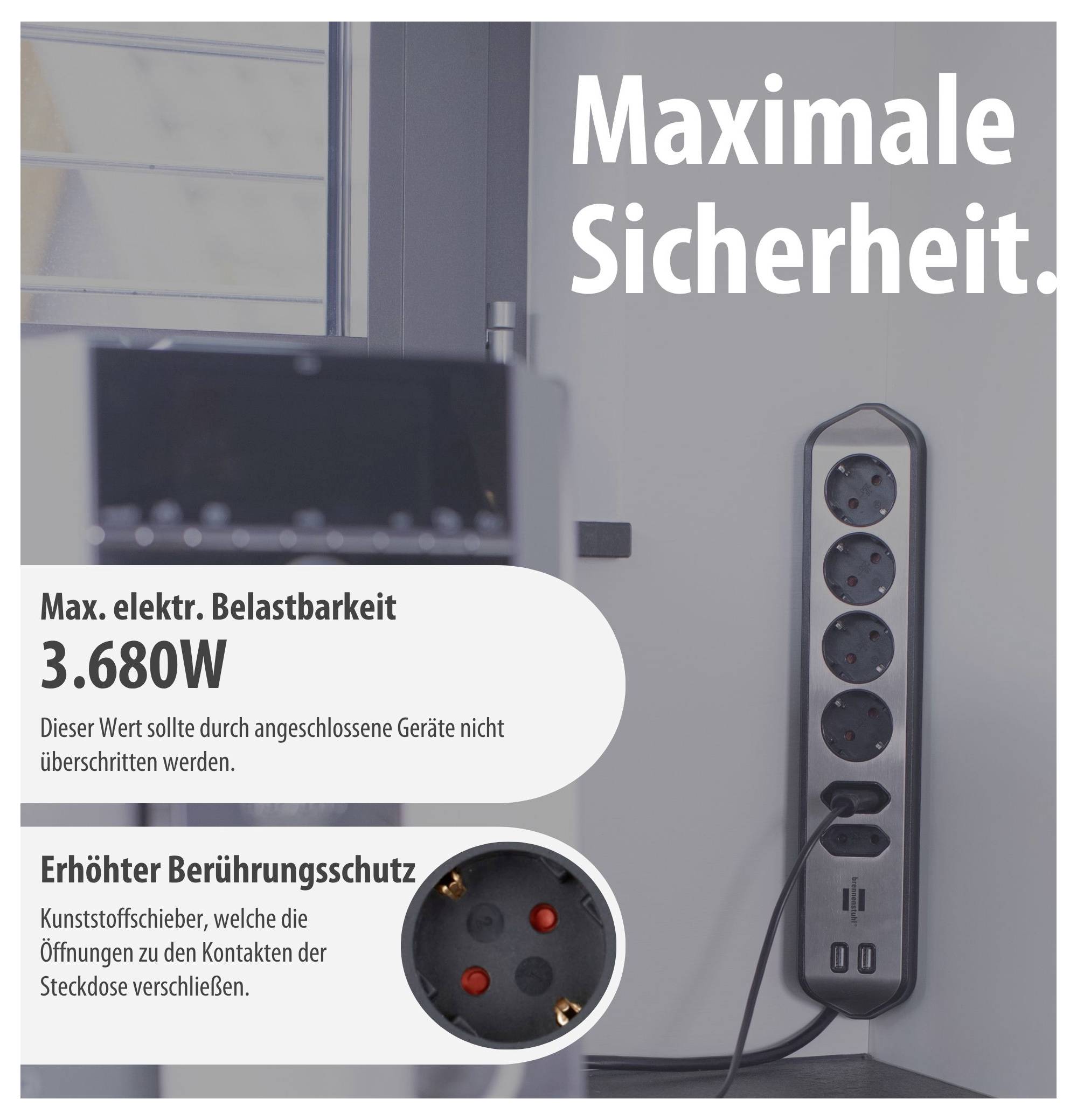 Steckdosenleiste mit Hinweis auf 'Maximale Sicherheit': max. Belastbarkeit 3.680 W und erhöhter Berührungsschutz durch Kunststoffschieber.