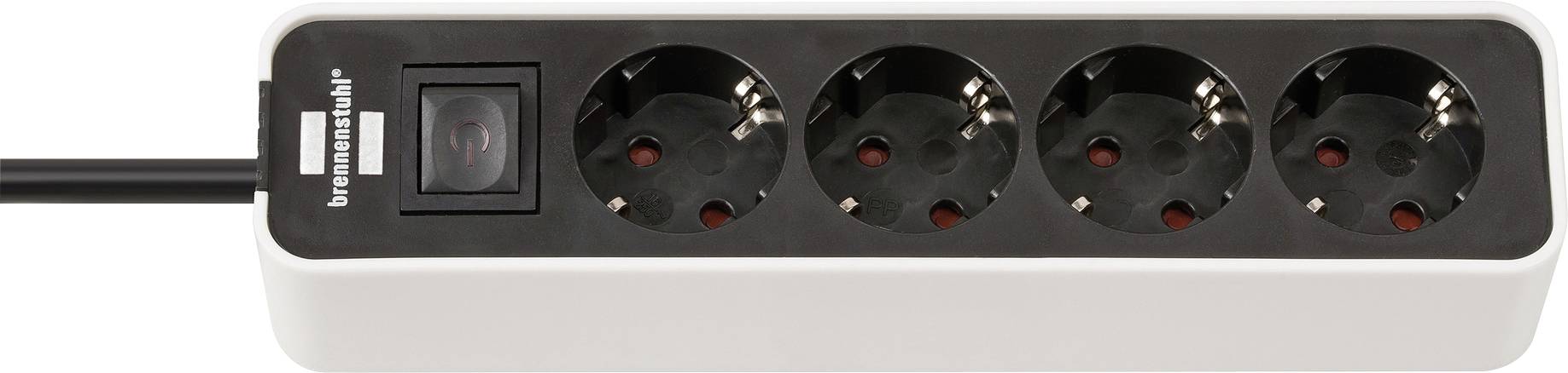 Ein weißes Stromverteilersystem mit vier schwarzen europäischen Steckdosen und einem schwarzen Schalter, verbunden mit einem Kabel auf der linken Seite.
