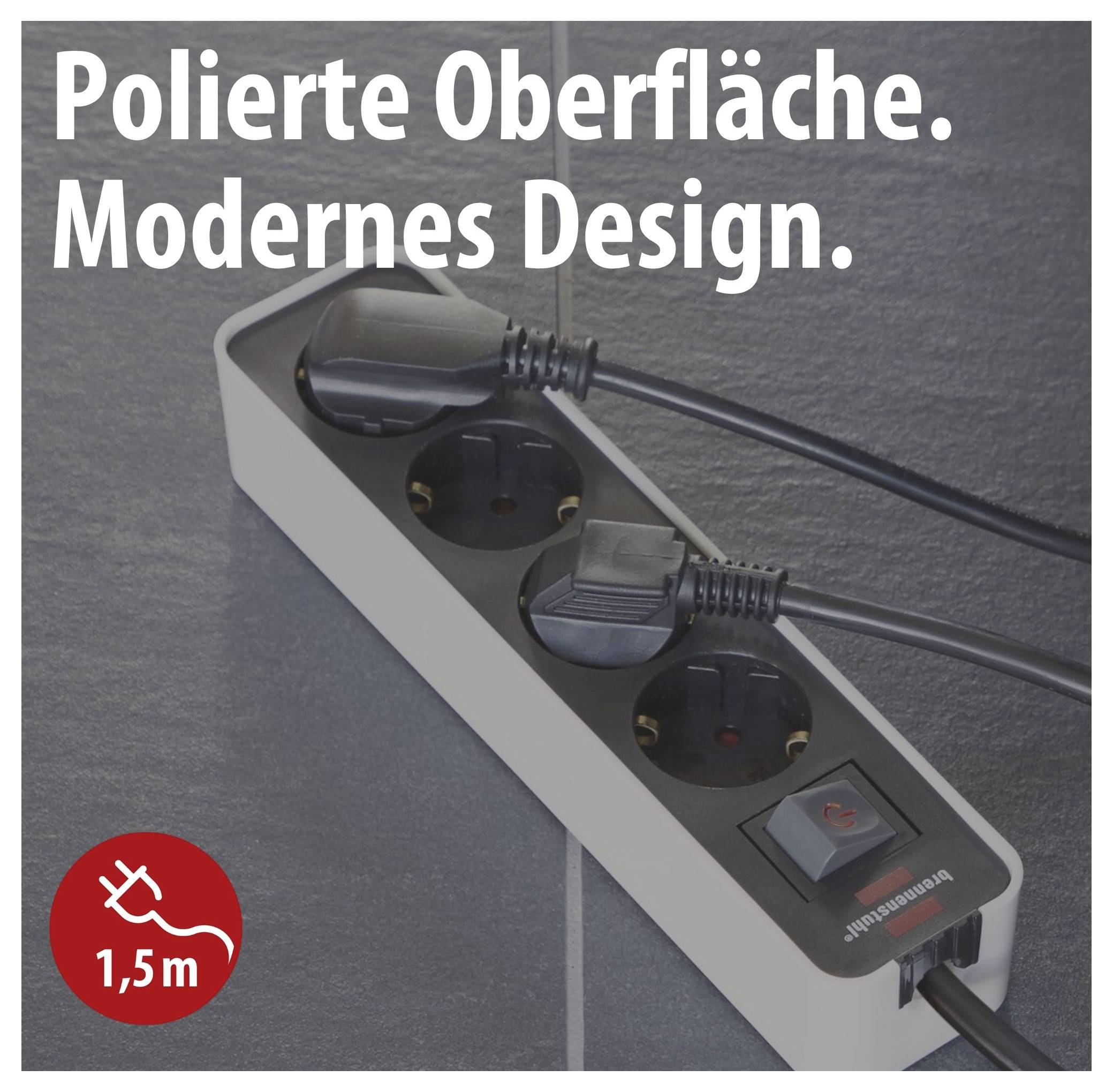 Mehrfachsteckdose mit moderner Optik auf grauem Hintergrund; Text: 'Polierte Oberfläche. Modernes Design.' und '1,5 m'.