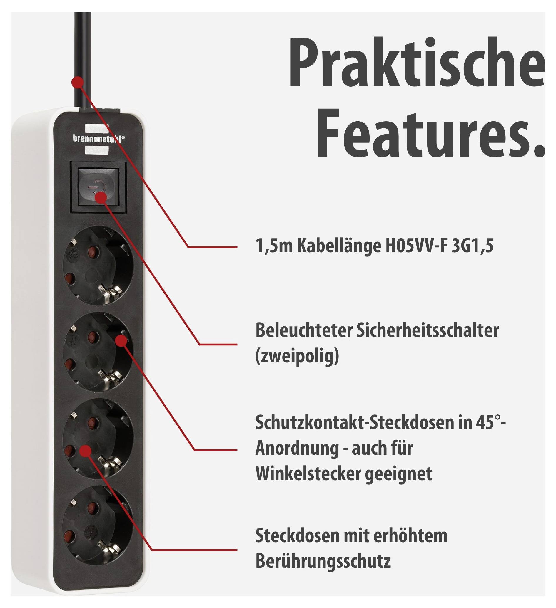 Steckdosenleiste mit 1,5 m Kabel: beleuchteter Sicherheitsschalter, 45°-Schuko-Steckdosen und erhöhter Berührungsschutz; 'Praktische Features.'