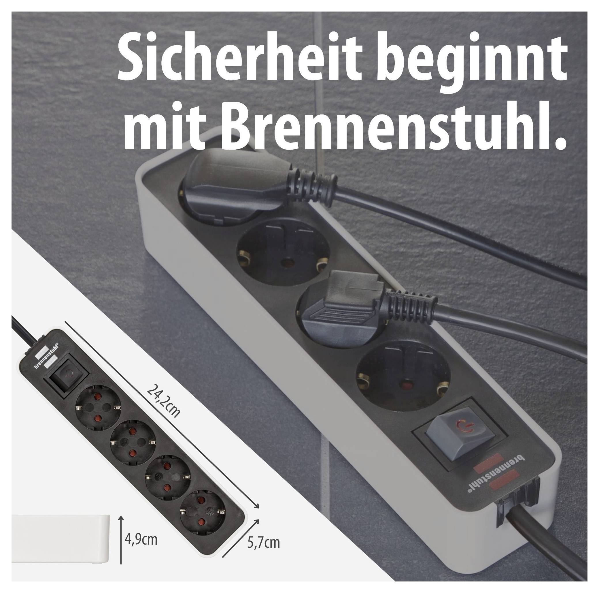 Werbebild einer Brennenstuhl-Steckdosenleiste mit mehreren Steckplätzen und Schalter; Text: 'Sicherheit beginnt mit Brennenstuhl.'