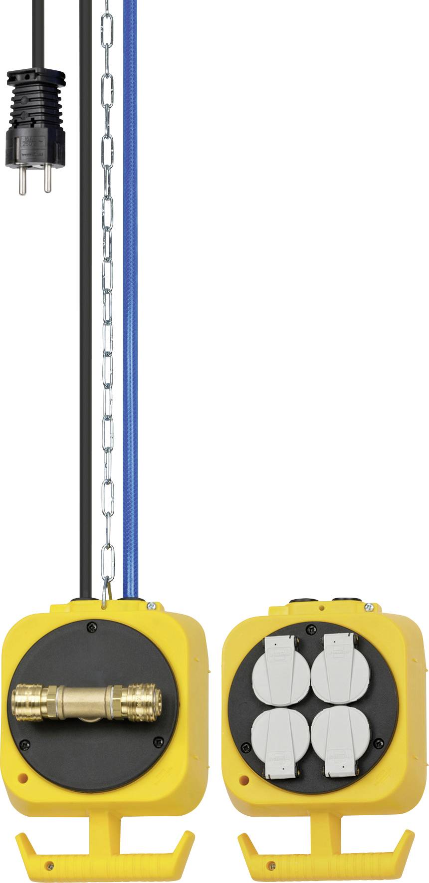 Illustration von zwei gelben Industrie-Stromkästen: einer mit einem Messingkabelstecker und einer mit vier abgedeckten Steckdosen, mit hängenden Kabeln darüber.