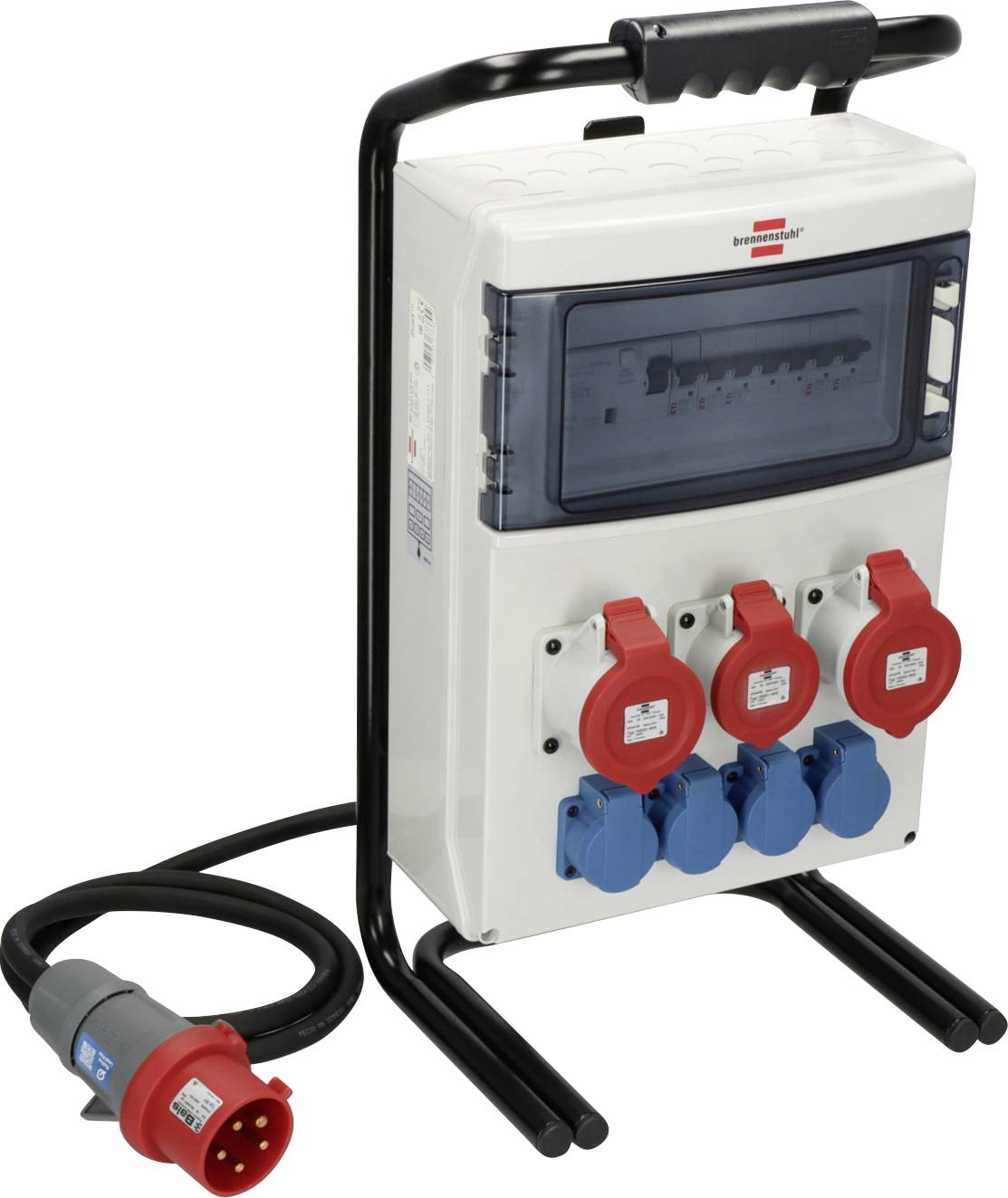 Tragbare Stromverteilerdose mit Griff, Schalttafel und mehreren roten und blauen Industrie-Steckdosen sowie angeschlossenem Kabelstecker.