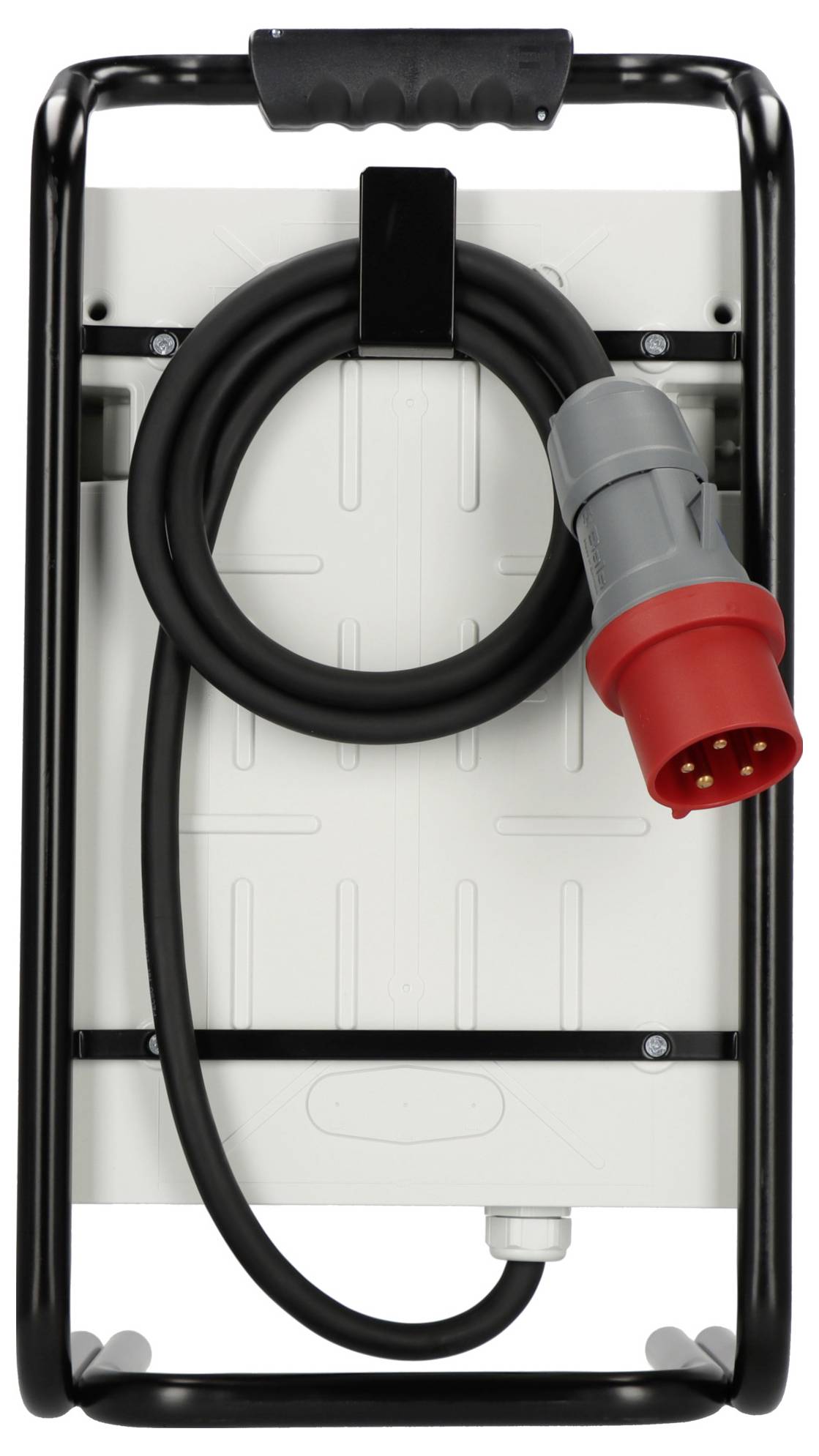 Tragbare Elektrofahrzeug-Ladestation mit aufgewickeltem schwarzem Kabel und rotem Industriestecker, montiert auf einem Fahrgestell mit Rädern.