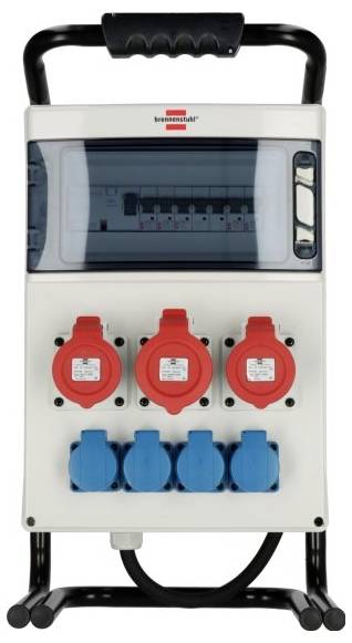 Tragbares elektrisches Verteilerpanel mit Griff, transparenter Schutzabdeckung für Schalter, drei rote und vier blaue Industriesteckdosen auf einem fahrbaren Rahmen
