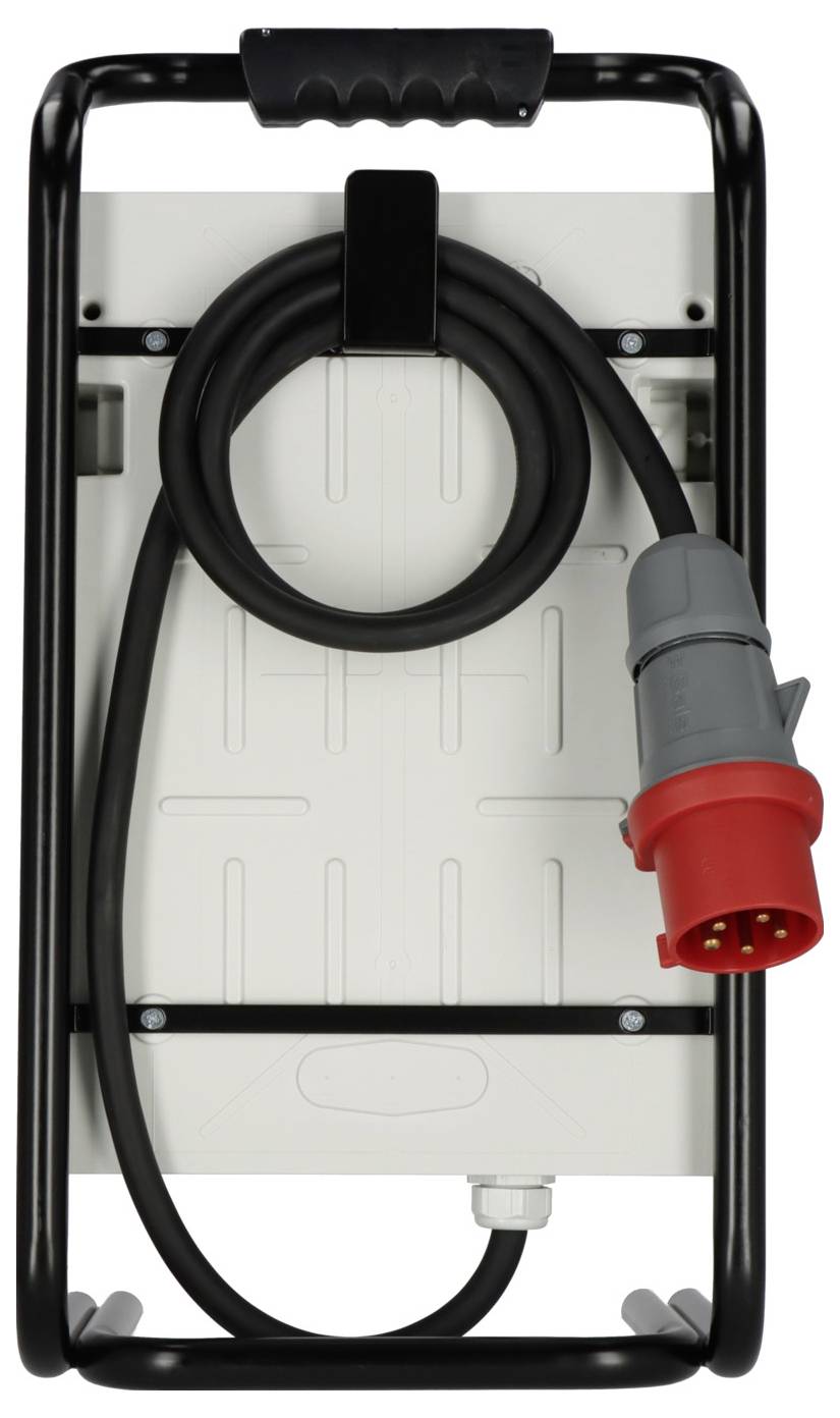 Tragbare elektrische Strombox mit aufgewickeltem schwerlastigem Kabel und rotem Industrie-Stecker, der an einem schwarzen Gehäuse befestigt ist.