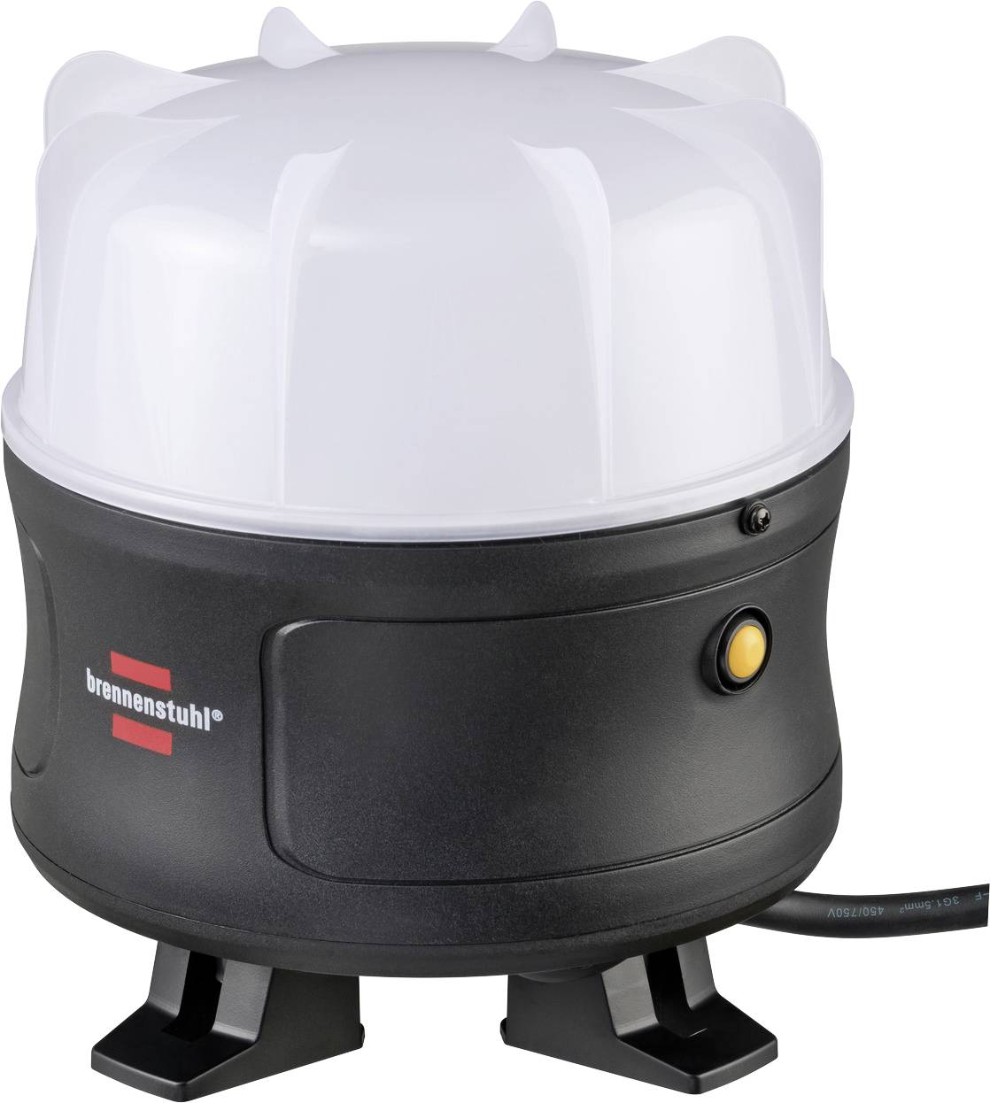 Schwarze LED-Baustellenleuchte mit weißem Diffusor, Markenlogo 'brennenstuhl', Knopf und Stromkabel, auf Standfüßen.