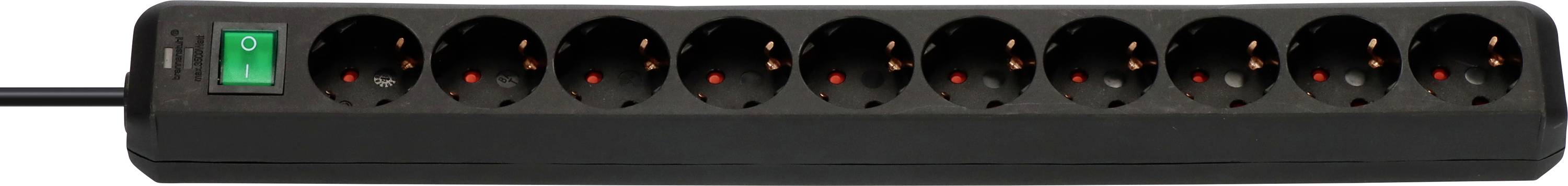 Schwarze Steckerleiste mit grünem beleuchteten Stromschalter auf der linken Seite und acht runden Steckdosen an der Vorderseite.