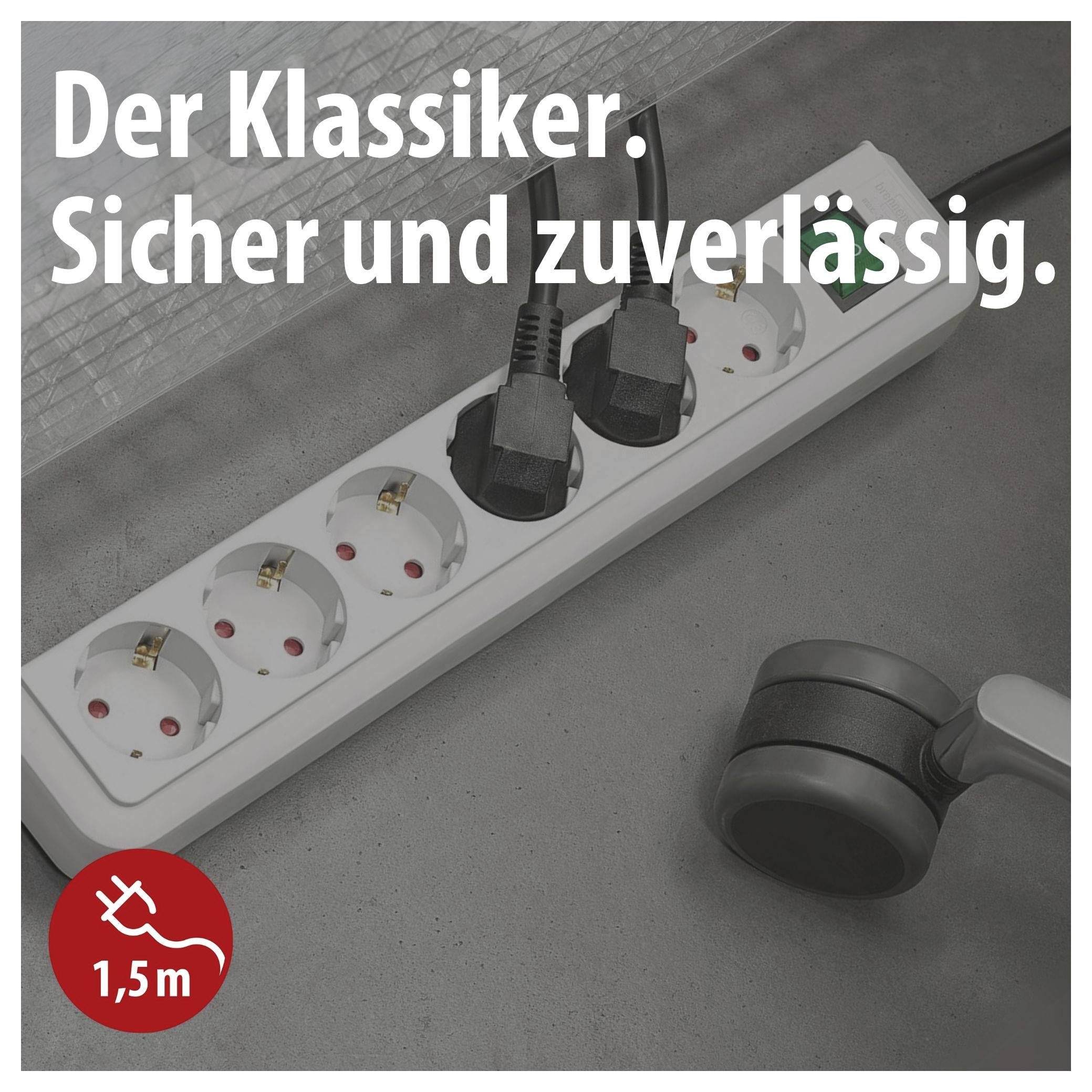Steckdosenleiste mit eingesteckten Steckern und Rolle; Werbetext 'Der Klassiker. Sicher und zuverlässig.' sowie Hinweis '1,5 m'.
